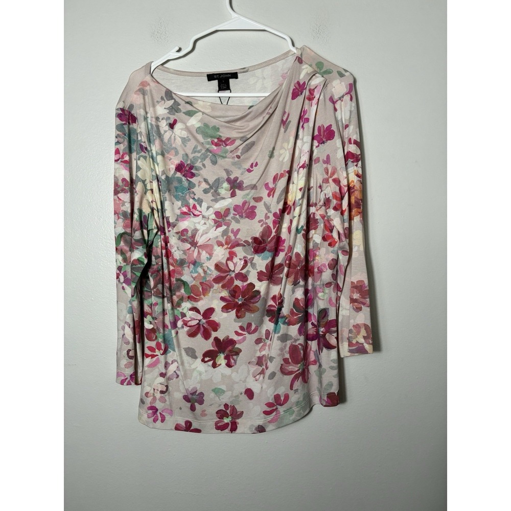 ST John Pink Floral Draped Neck Long Sleeve Top Sz L Rayon NWOT Cottage Luxury